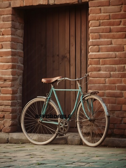 A green bicycle parked in front of a brick building