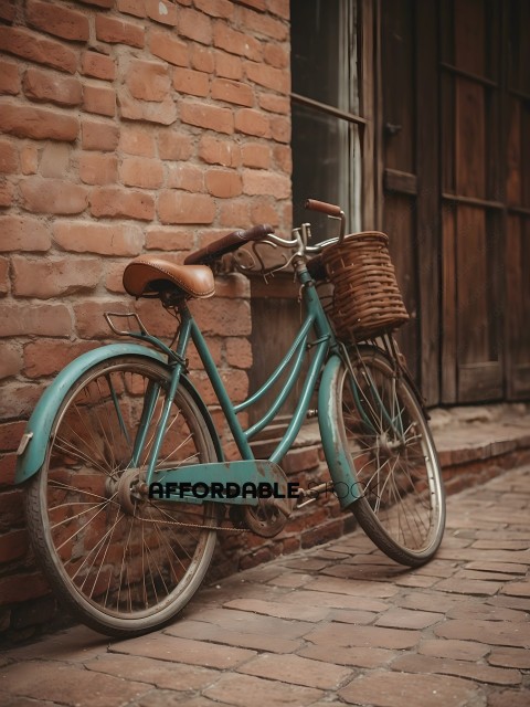 A blue bicycle with a wicker basket parked against a brick wall