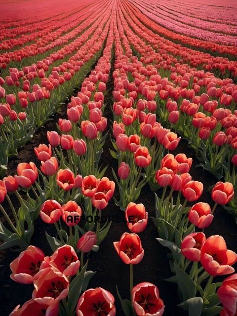 A field of red and pink tulips
