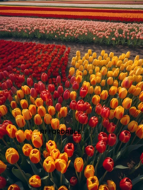 A field of red, yellow, and orange tulips