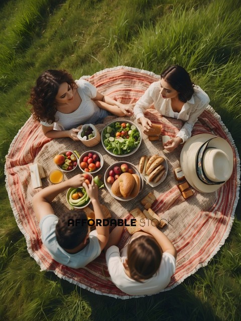 Four people sitting on a blanket eating a variety of foods