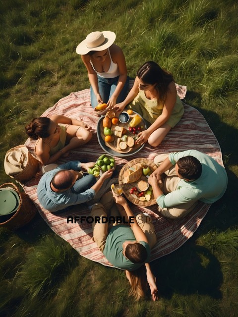 A group of people enjoying a picnic on a blanket