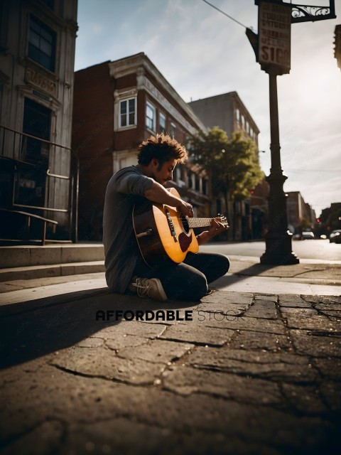 A man playing guitar on the sidewalk