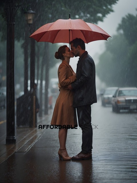 A couple kissing under an umbrella on a rainy day
