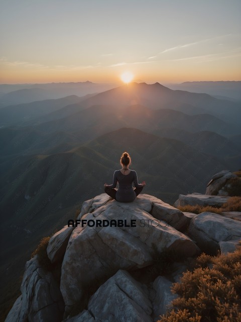 A woman meditating on a rock overlooking a mountain range