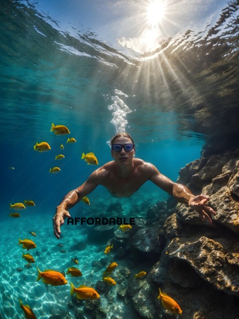 Man swimming underwater with fish