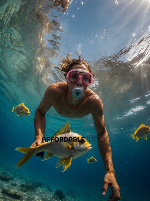 Man in Pink Goggles Swimming with Fish