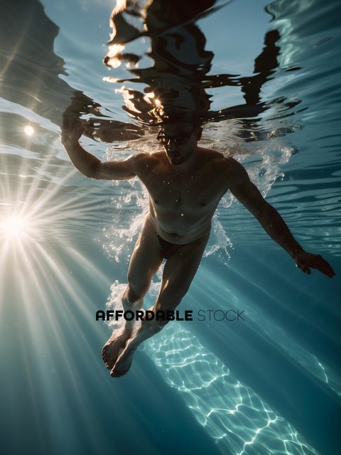 Man in black trunks swimming underwater
