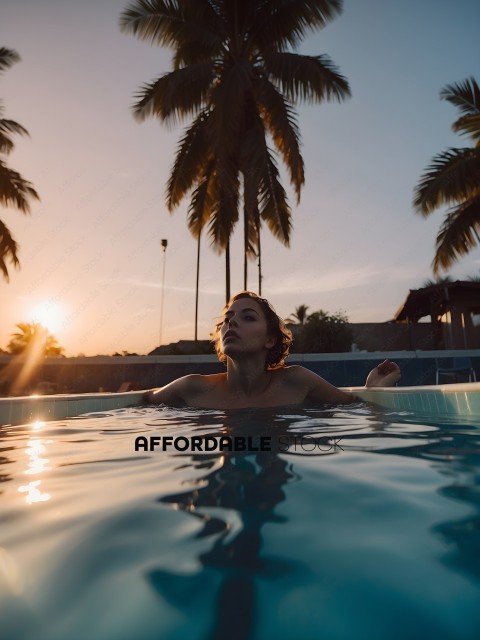 A woman in a pool with a palm tree in the background