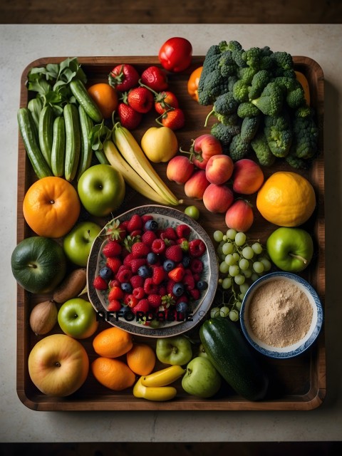A variety of fruits and vegetables on a wooden tray