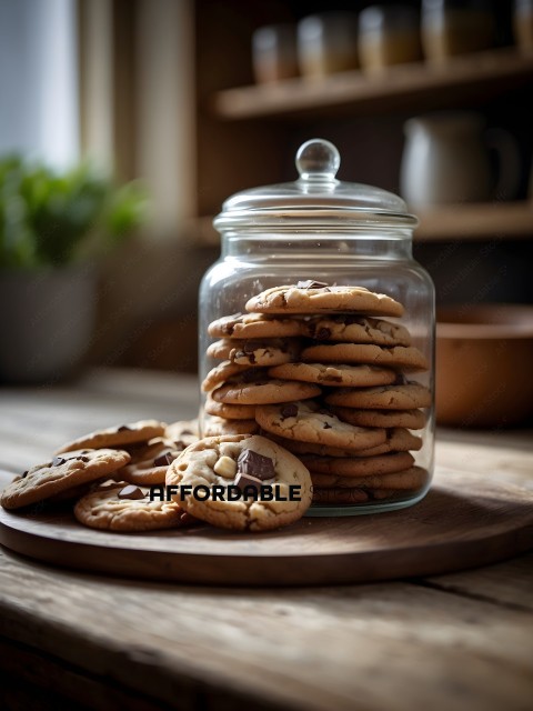 A jar of cookies on a wooden table