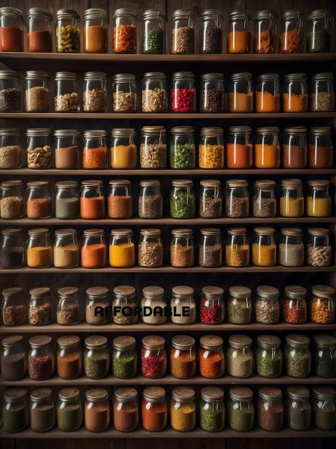 Spices and seasonings in glass jars on a wooden shelf