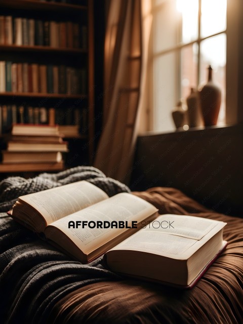A book is open on a bed with a blanket