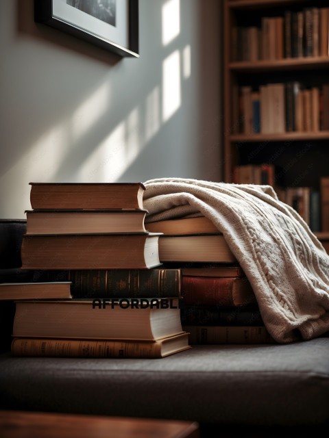 A stack of books with a blanket on top