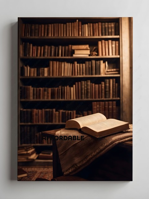 A bookshelf with a book and a blanket on the shelf