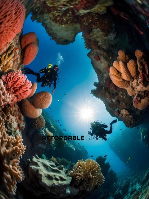 Divers underwater in a coral reef