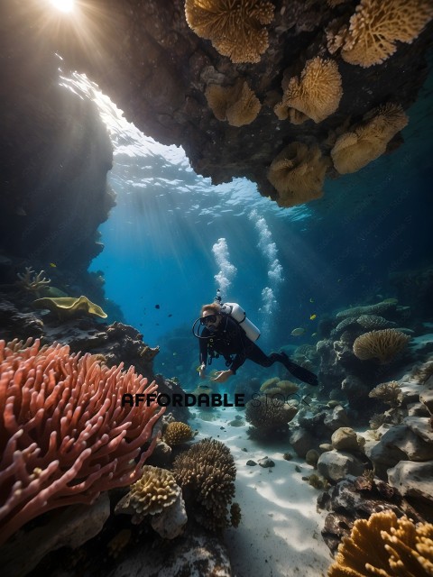 Diver in a coral reef with a sunbeam shining through
