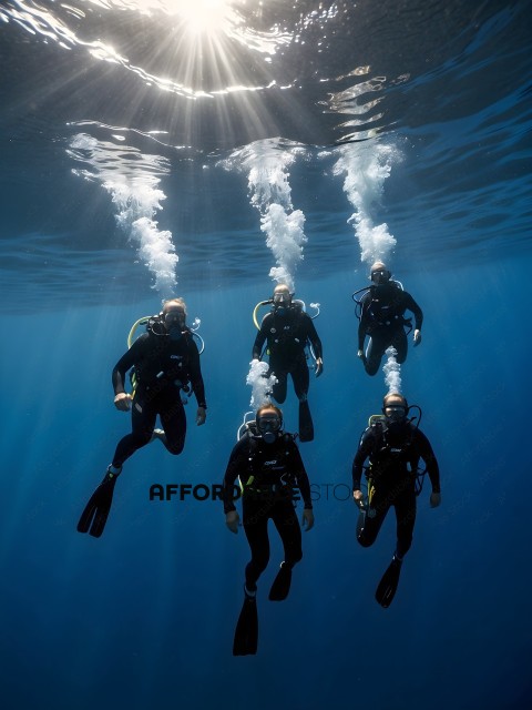 Five Divers in Black Suits and Masks