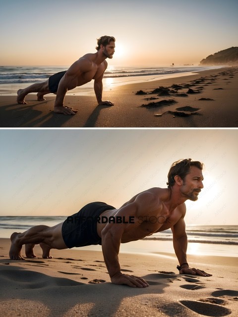 Man doing push up on beach