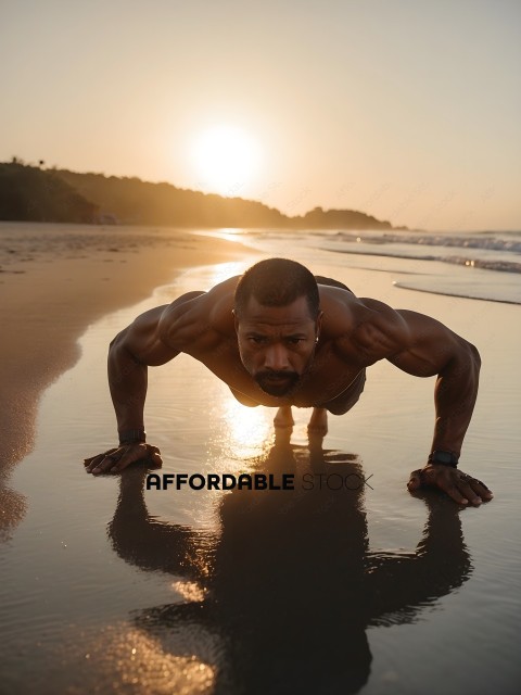 Man doing push up on beach