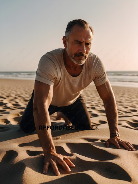 Man in tan shirt and black pants on beach
