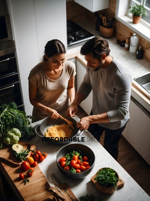 A man and a woman are preparing food together