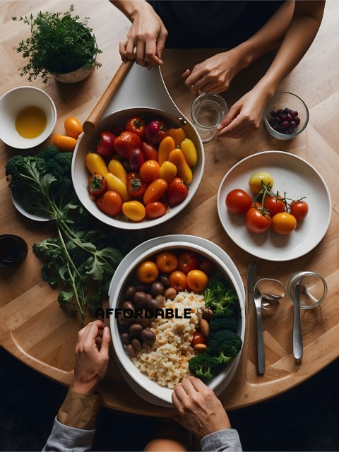 A table full of healthy foods with people reaching for them