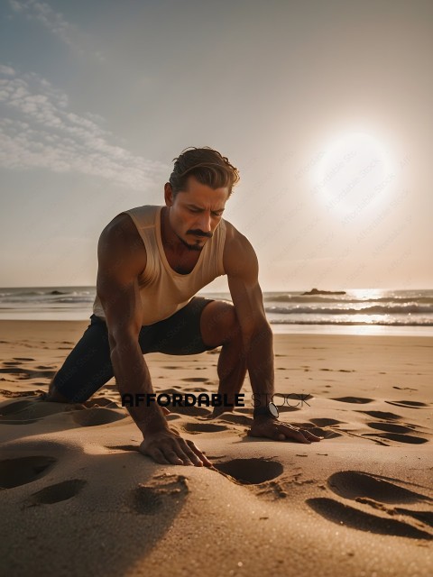 Man in black shorts and white tank top squatting on the beach