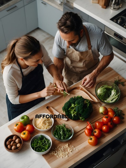 A man and a woman are preparing a meal together