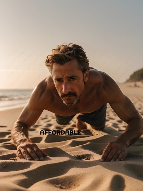 Man in black shorts doing push ups on the beach