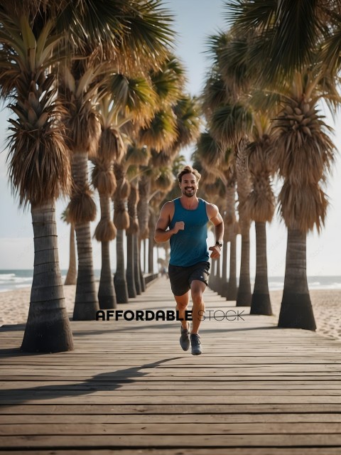 Man jogging on a boardwalk with palm trees