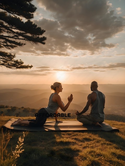 A man and a woman are meditating on a hill overlooking a valley