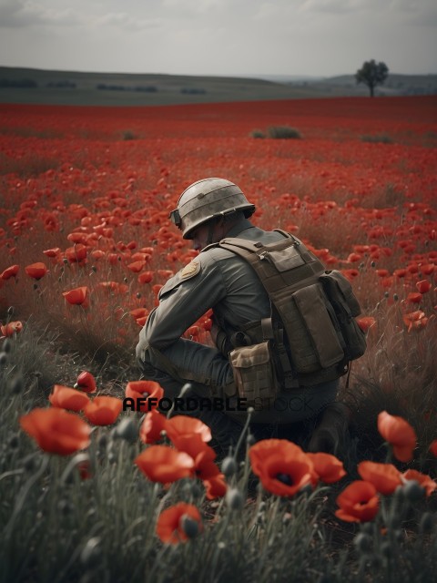 A soldier in a field of flowers