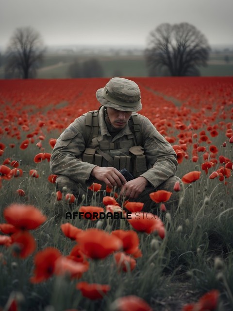 A soldier in a field of poppies