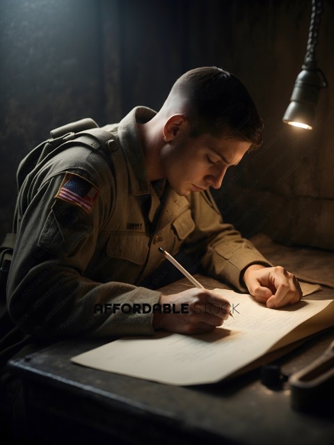 A soldier writing on a piece of paper with a pen