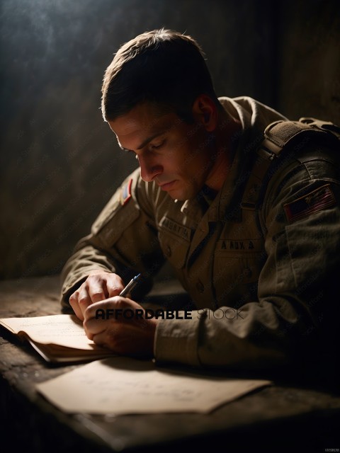 A soldier writing on a piece of paper