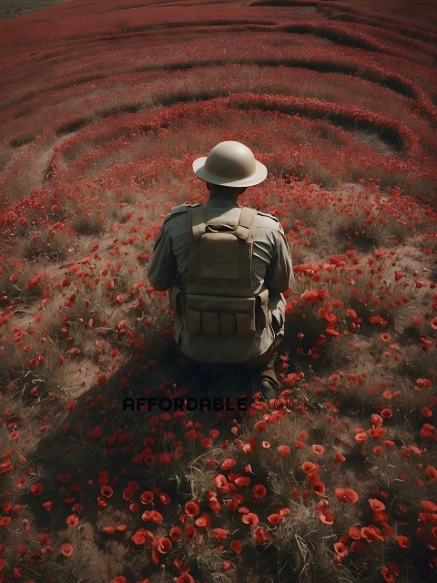 A man in a tan uniform sits in a field of red flowers