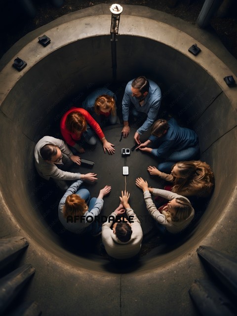 A group of people sitting in a circle with a cell phone in the middle