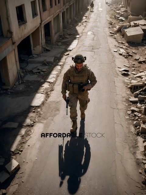 A soldier walks down a deserted road
