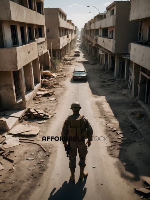 A soldier standing in the middle of a deserted street