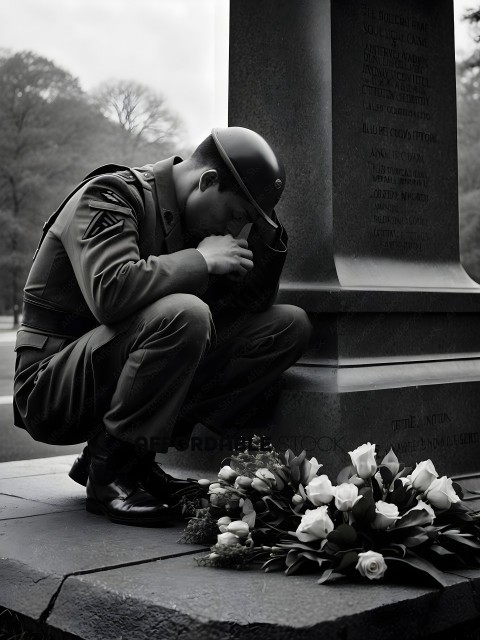 A man in military uniform kneels before a monument