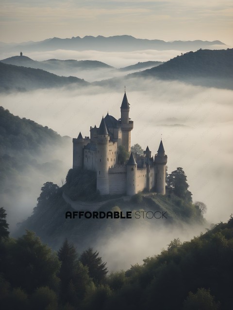 A castle sits atop a hill, shrouded in mist