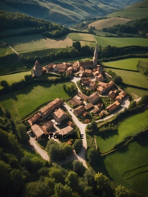 A village with a church and many houses