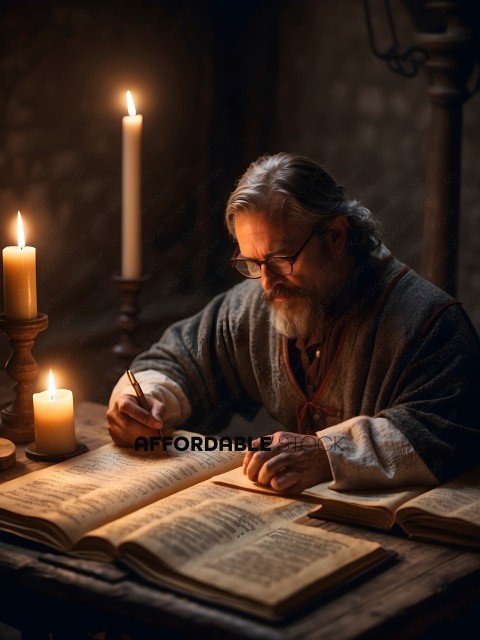 A man writing in a dimly lit room with candles