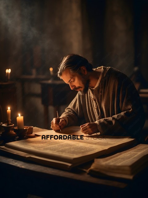 A man writing in a book by candlelight