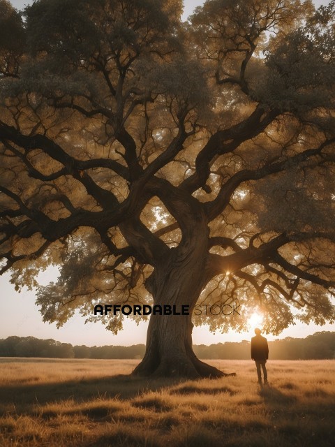 A person standing in front of a large tree