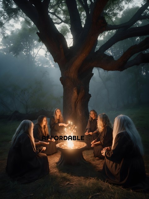 A group of nuns gather around a fire in the woods