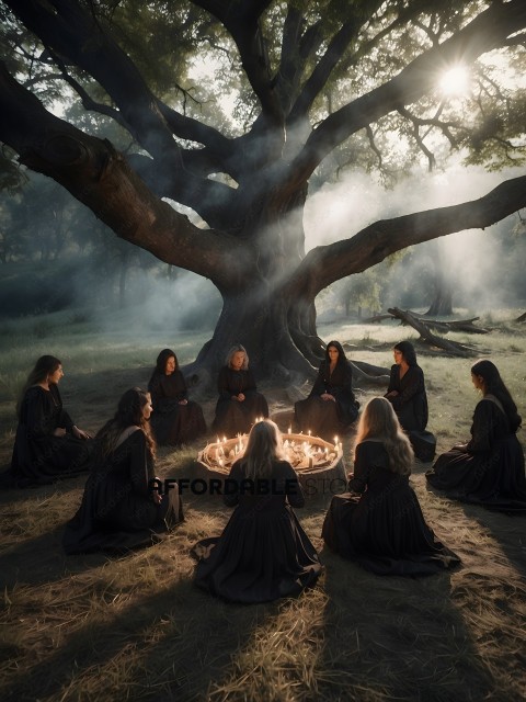 A group of women in dark clothing sit around a fire