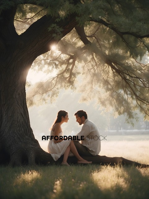 A couple sitting under a tree in a park