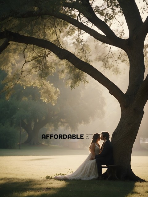 A Bride and Groom Kissing Under a Tree